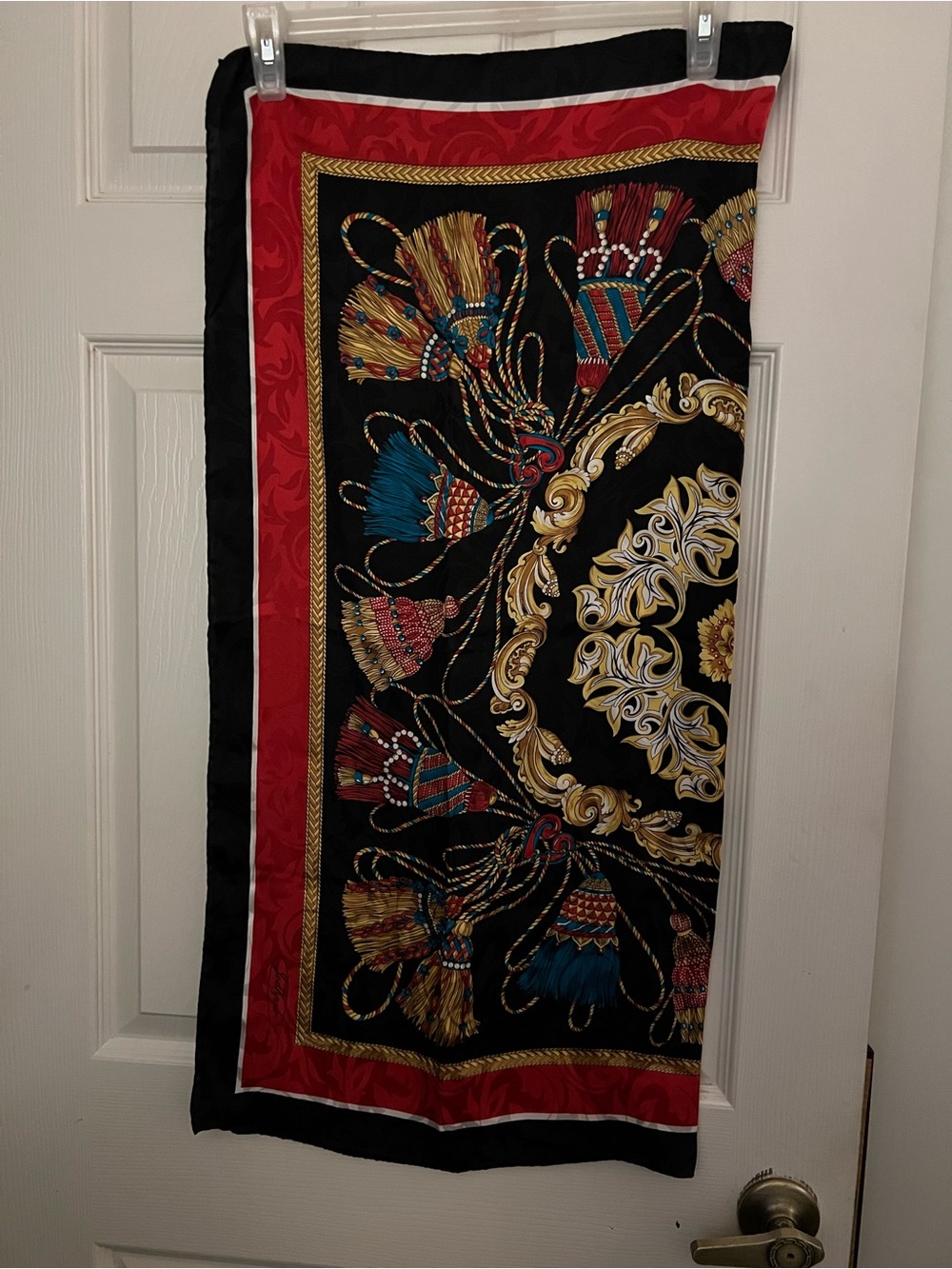 Jodhpur Paris Silk Equestrian Themed Vintage Scarf Black & Red With Tassels 35”.
